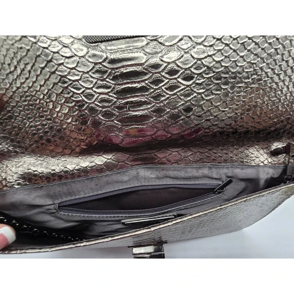 MMS Metallic Snakeskin Embossed Clutch Evening Bag Gunmetal Chain Strap
